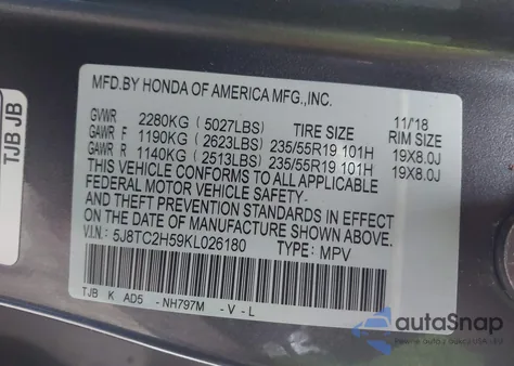 2019 Acura Rdx Technology Package from USA, damaged, VIN 5J8TC2H59KL026180